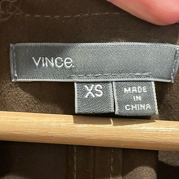 Vince Size XS Brown Green Genuine Leather V-Neck Shift Dress Pockets - Picture 4 of 8